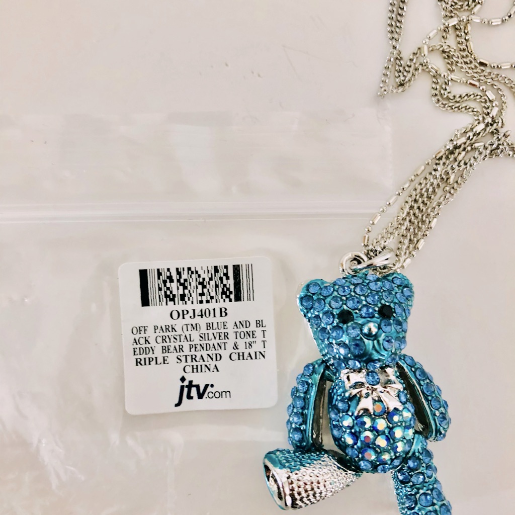 Silver Tone Blue Crystal Teddy Bear Necklace On 3 Silver Tone Chains